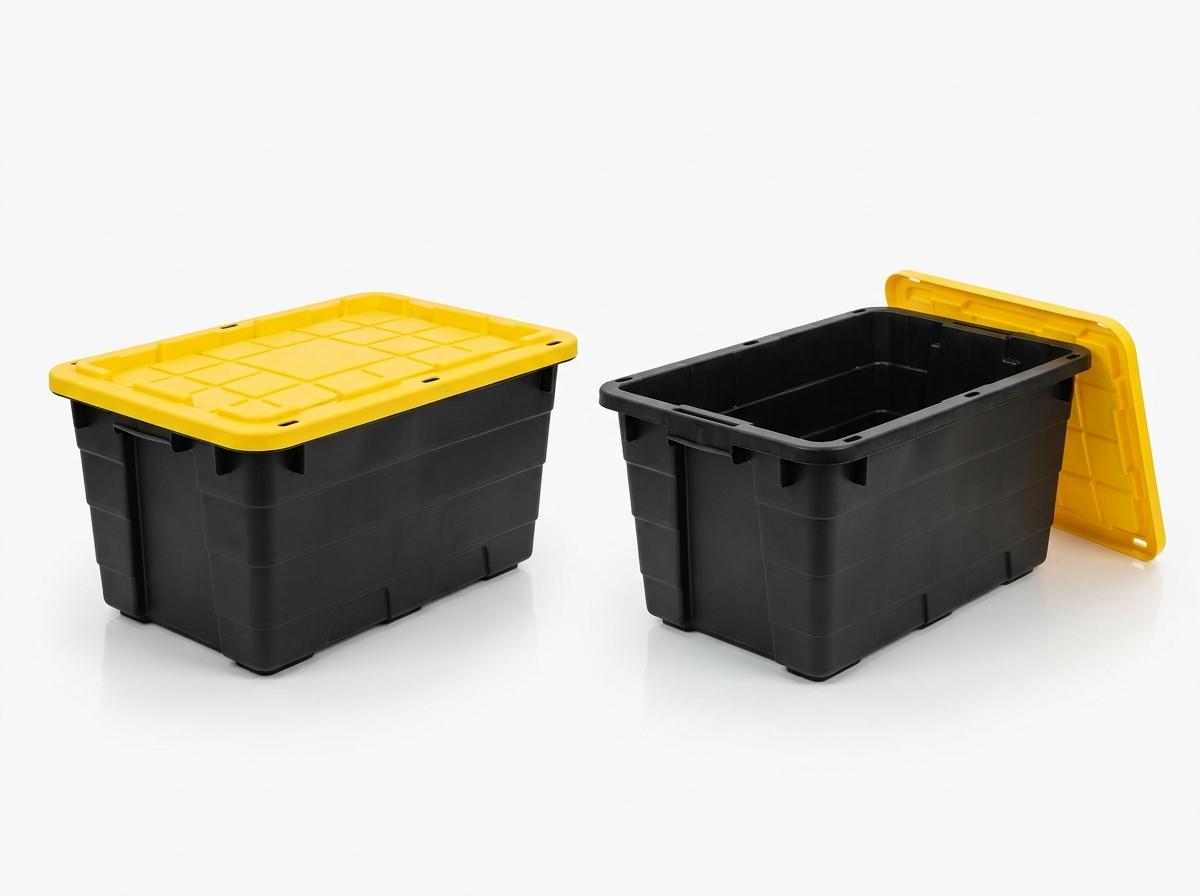 Black 27-gallon moving tote with yellow lid